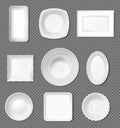 Realistic white plate, top view empty dishes, porcelain dinnerware. Dinner plates and bowls, kitchen crockery, ceramic tableware Royalty Free Stock Photo