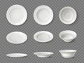 Realistic white plates. Different view angles ceramic dishes. 3D tableware clear mockup. Isolated porcelain bowls. Food Royalty Free Stock Photo