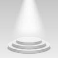 Realistic white podium. Empty stage podium with spotlight, round award ceremony pedestal. Winner 3d podium vector