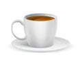 Realistic white porcelain cup with coffee drink. Ceramic mug and saucer. Morning caffeine beverage serving. Side view of