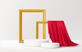 Realistic white Product podium with golden picture frames and red silk drapery over white background. Blank background Royalty Free Stock Photo