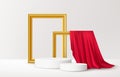 Realistic white Product podium with golden picture frames and red silk drapery over white background. Blank background for product Royalty Free Stock Photo