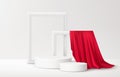 Realistic white Product podium with white picture frames and red silk drapery over white background. Blank background Royalty Free Stock Photo