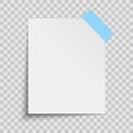 Realistic white sheet of paper isolated on a transparent background. Blue scotch tape. Element for your design or notes. Vector