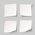Realistic White Sticky Note Mockup Set. Vector Blank Memo Paper Sticker Template with Curled Corners. Royalty Free Stock Photo