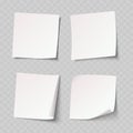 Realistic White Sticky Note Mockup Set. Vector Blank Memo Paper Sticker Template with Curled Corners. Royalty Free Stock Photo