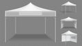 Realistic white tents. Empty folding marquee, market street stall vector template