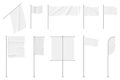 Realistic white textile flags on pole, blank advertising banners. Empty fabric flag template, hanging cloth banner