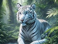 Realistic white tiger in jungle with piercing blue eyes
