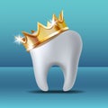 Realistic white Tooth in golden crown. Tooth care dental medical stomatology vector icon.
