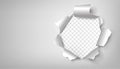 Realistic white torn paper with rolled upsides and round-shaped hole isolated on transparent background. Royalty Free Stock Photo