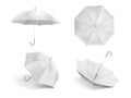 Realistic white umbrella mockup. Blank open fabric parasol, outdoor weather waterproof umbrellas vector template set