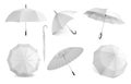 Realistic white umbrella. Parasol mockup for branding. View from different angles on open and closed waterproof canopy