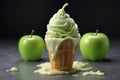 A Realistic White Vanilla Ice Cream Cone with Tangy Green Apple Sauce Embracing the Creamy