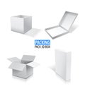 Realistic white vector opened and closed blank box set illustration with shadows. Royalty Free Stock Photo