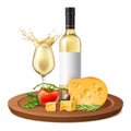 Realistic white wine and cheese. Products composition, alcohol beverage bottle on wooden cutting board, vegetables and Royalty Free Stock Photo