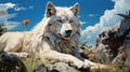 Realistic White Wolf Painting In The Meadow