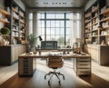 A realistic and wide-angle view of a home office in a contemporary design. The office features a large, modern desk Royalty Free Stock Photo