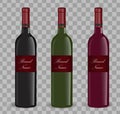 Realistic wine bottle set. Isolated on white background. 3d glass bottles mock-up. Royalty Free Stock Photo