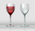 Realistic wine glasses. Transparent isolated wineglass with red wine, 3D empty glass cup for cocktails. Vector winery Royalty Free Stock Photo