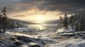 Realistic Winter Sunset Painting In Forest: Quebec Province Nature Landscape