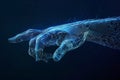 Realistic wireframe hand in dynamic pointillism style points forward, featuring dark and light azure colors. AI Image