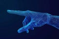 Realistic wireframe hand pointing forward in dynamic pointillism style. Dark and light azure hues. AI Image