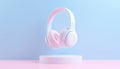 Realistic wireless earphones of trendy color.3d pastel colored background headphone element. Realistic object for music