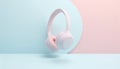 Realistic wireless earphones of trendy color.3d pastel colored background headphone element. Realistic object for music