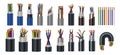 Realistic wires. Flexible electric cables with different isolation types. 3D coaxial bundles of twisted colorful power cords.