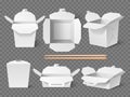 Realistic wok box. White cardboard pasta or noodles container template, wooden asian chopsticks, chinese street food Royalty Free Stock Photo
