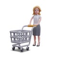 Realistic woman with empty shopping cart on white background. Dissatisfied buyer