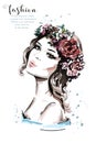 Realistic woman portrait. Hand drawn beautiful young woman with hair flower wreath. Royalty Free Stock Photo