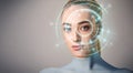 Realistic woman robot with eye scanner of human