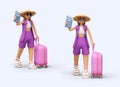 Realistic woman in summer clothes and hat holding passport and airline tickets