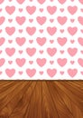 Realistic wood floor and wall with pink hearts