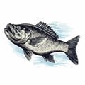 Realistic Woodcut Image Of Big Mouth Bass Icon On White