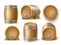 Realistic wooden barrels. 3d isolated alcohol containers, beer, wine and whiskey oak casks, cellar storage equipment