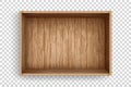 Realistic wooden box of old planks. Empty crate made of planks with top view. Open cargo box mockup template