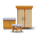 Realistic wooden commode, shelf for clothes, and tea table