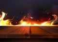 Realistic wooden empty table top with fire flames and glowing sparks Royalty Free Stock Photo