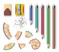 Realistic wooden graphite pencils, sharpener, eraser and shavings. Sharpened pencil sizes, writing and drawing tools Royalty Free Stock Photo