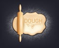 Realistic wooden rolling pin and kneading dough with flour. Design concept for baking, pizza, cookies, biscuits, bread