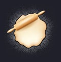 Realistic wooden rolling pin and kneading dough with flour. Design concept for baking, pizza, cookies, biscuits, bread