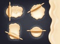 Realistic wooden rolling pin and set of kneading dough with flour. Design concept for baking, pizza, cookies, biscuits