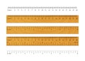 Realistic wooden ruler. Metric Imperial Rulers. Centimeter And Inch. Measure Tools Equipment Isolated On White Background