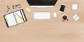 Realistic work desk organization top view