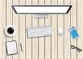 Realistic workplace desktop. Top view desk table, personal computer with keyboard, smartphone, stickers, glasses, open note on