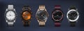 Realistic wrist watches. 3D classic and modern business watches with chronograph metal and leather bracelet and