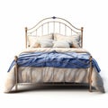 Realistic Wrought Iron Bed With Blue Blankets And Gold Frames